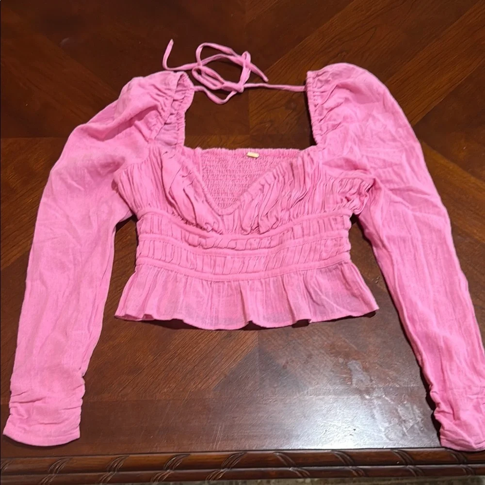 Free People Pink Long Sleeve Smocked Crop Blouse Chloe coquette sweetheart